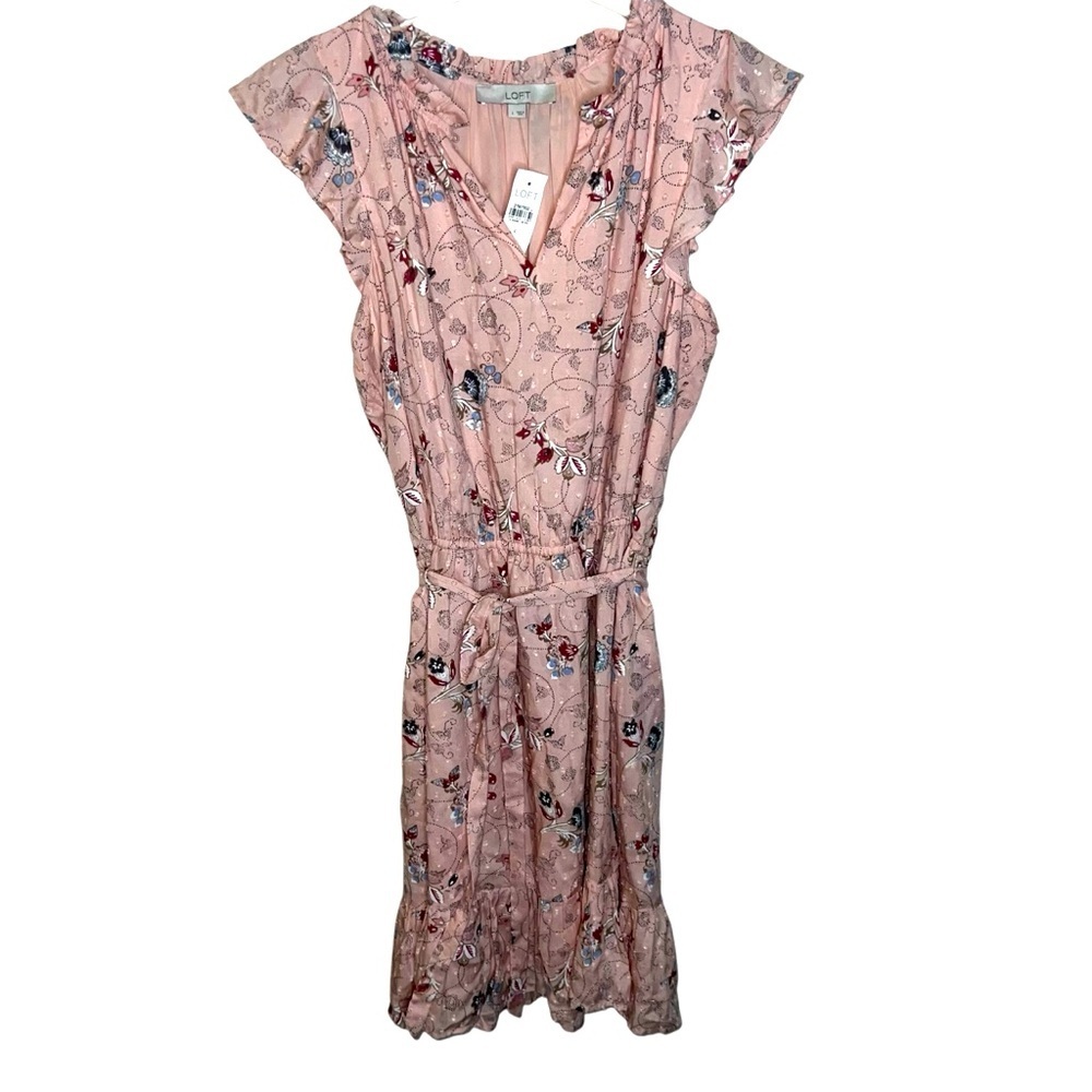 Loft Floral Clip Dot Belted Flounce Dress Pink Size Large NWT